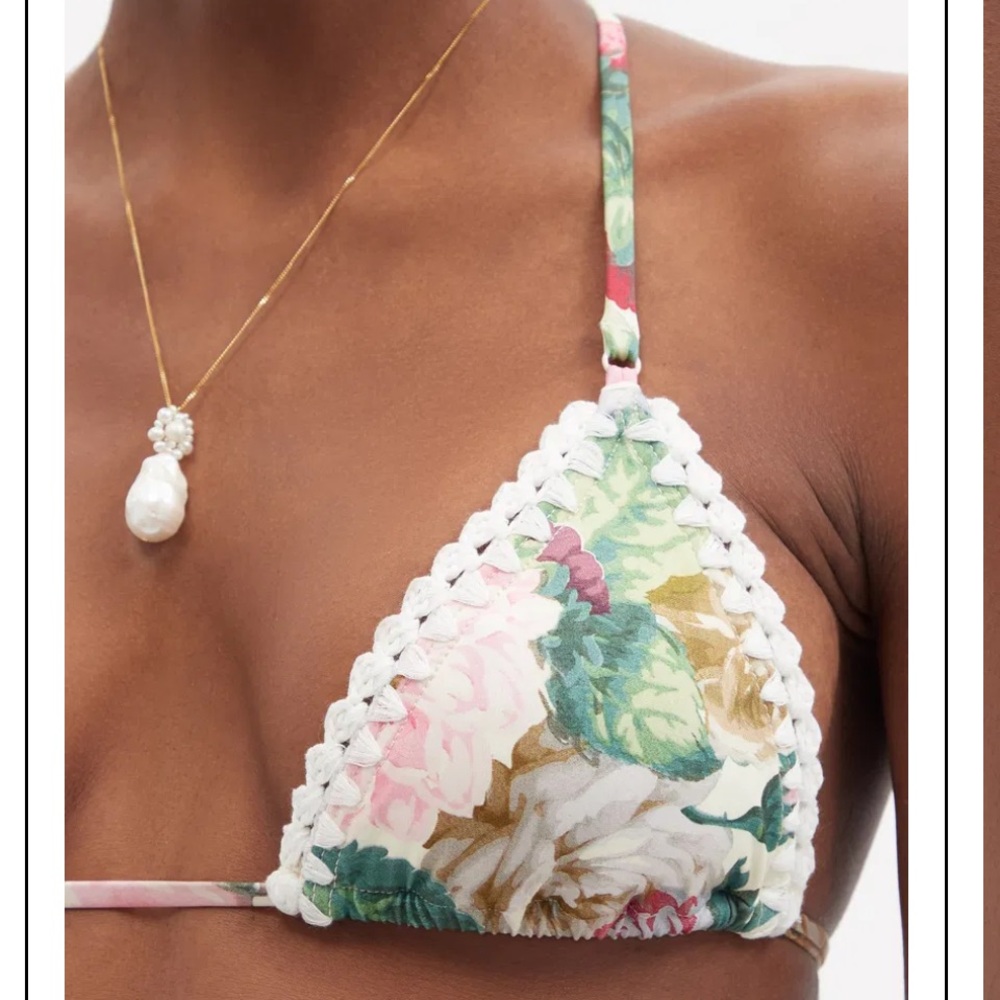Zimmermann Floral Crochet-Trim Triangle Bikini in White, Green, Pink - Picture 2 of 4